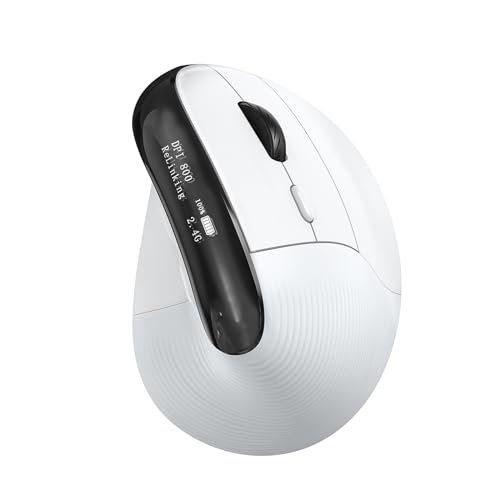 KYSONA Wireless Ergonomic Mouse, Vertical Ergo Mouse with OLED Screen, Quiet Click, Rechargeable, Wired/Bluetooth/2.4GHz, 5 Adijustable DPI 800-6400 for Laptop, PC, Desktop, Computer, White