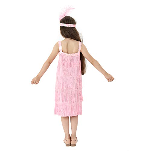 Leadtex Girl's 20S Flapper Dresses Costume Dress Childrens Party Fringed Dresses With Feather Headband,Size M（8-10）,Pink #TOP1