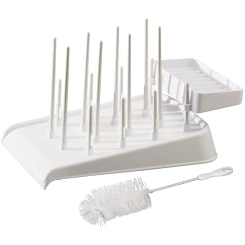 Mommy's Helper Drain N' Dry Bottle Drying Rack — Baby Bottle and Pump Part Drying Rack with Acessory Slot & Bottle Brush, 8 Bottle Capacity, White Cover