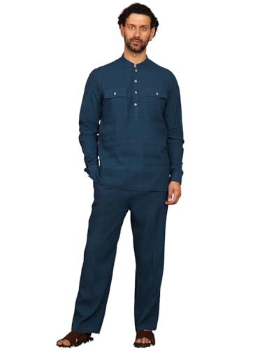 Image of See Designs Men's Full Sleeve Mandarin Collar Linen Solid Pathani Set
