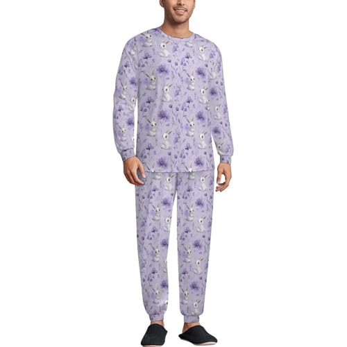 Cute Bunny Rabbit Floral Men’s Pajama Set Long Sleeve Top And Pants Loungewear Sleepwear Pjs Nightwear