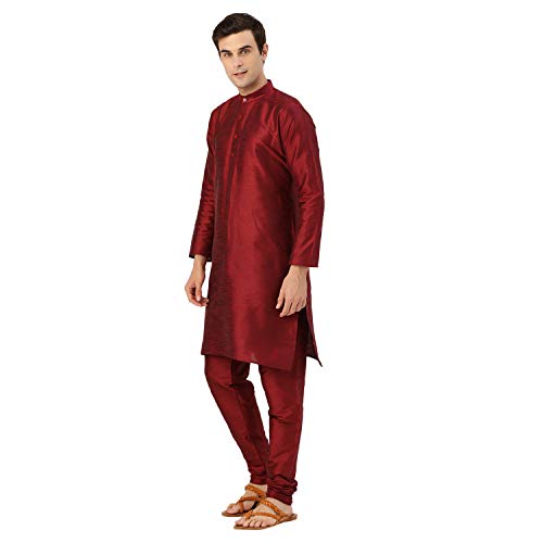 Image of SOJANYA (Since 1958 Men's Cotton Linen Maroon Kurta and White Pyjama with Mustard Cotton Nehru Jacket