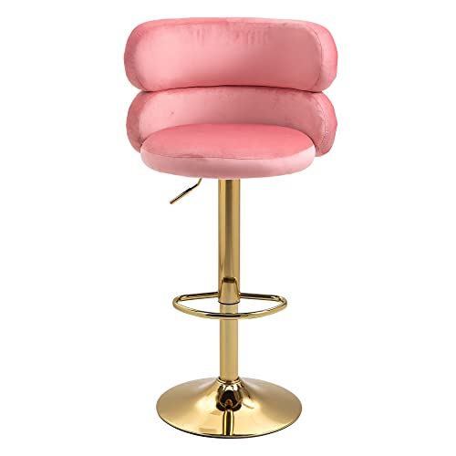 Ssline Upholstered Velvet Barstool Modern Swivel High Bar Chair With Arced Back &Footrest Adjustable Kitchen Counter Height Stools W/Stylish Rivets & Gold Base For Dining Room Home Bar -Pink&Golden #TOP5