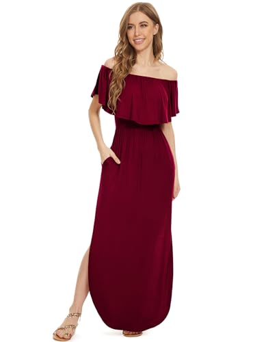 Image of LILBETTER Womens Off The Shoulder Ruffle Party Dresses Side Split Beach Maxi Dress