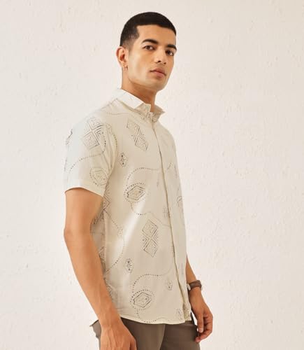 Image of Majestic Man Men's Slim Fit Pure Cotton Printed Casual Shirt - Short Sleeve | Premium Breathable Fabric | Modern Geometric Design