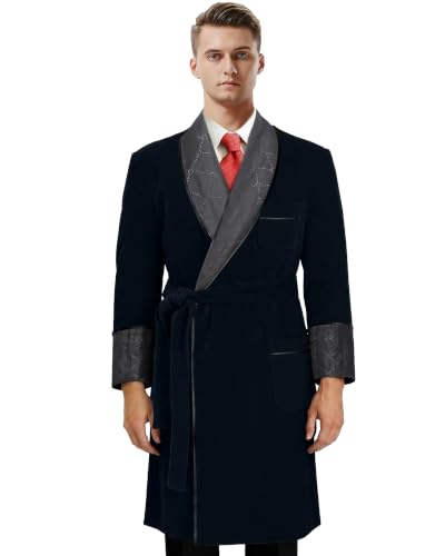 Image of Men's Long Velvet Smoking Jacket Smoking Robe with Belt Shawl Lapel Quilted Dressing Gown