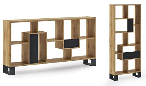 Skraut Home | Estantería de Diseño | 168 x 69 x 25 cm | Vertical u Horizontal | Modelo Loft | Fácil Montaje | Resistente | Madera Color Roble Oscuro y Negro