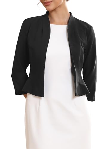 WOMLAYOUT Women's Collarless Blazer Open Front Short Sleeve Evening Formal Cardigan Jacket Medium Black