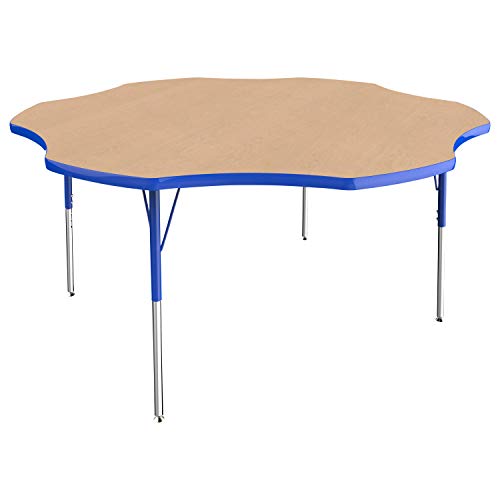 Image of FDP Flower Activity School and Office Table (60 inch), Standard Legs with Swivel Glides for Collaborative Seating Environments, Adjustable Height 19-30 inches - Maple Top and Blue Edge