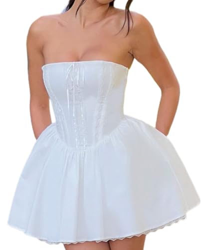 kiobrvhe Women's Sexy Solid Strapless Party Dress Off Shoulder Sleeveless Mini Dress Y2k Bubble Skirt Summer Casual Bandeau