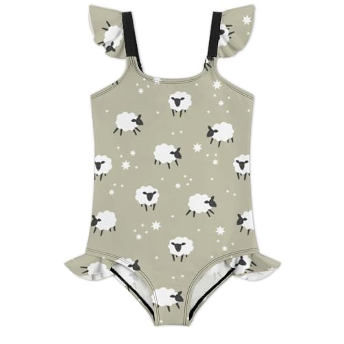 Image of Girls One Piece Swimsuit Cute Alpacas Hearts Stars Ruffles Swimwear Bathing Suits 3-12 Years