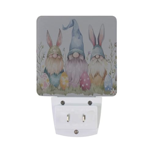 Image of Easter Gnomes Easter Watercolor Night Lights 2 Pack Plug-in Wall Led Nightlight Auto Dusk-to-Dawn Sensor Lamps for Bedroom Kitchen Bathroom