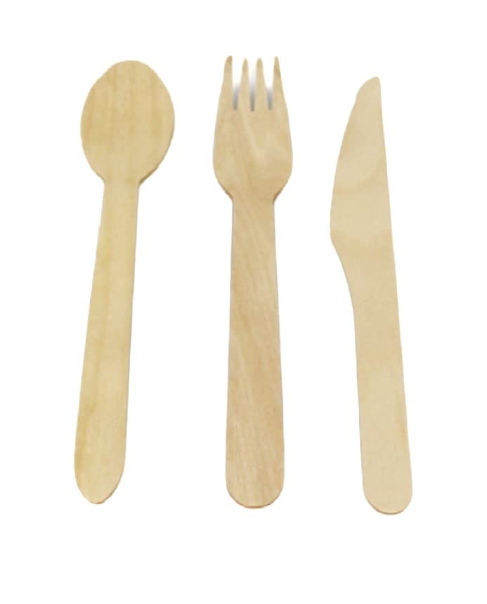 300 x Mixed Wooden Cutlery Set (100 Forks+100 Knives+100 Spoons) - Ecofriendly, Compostable and Biodegradable Birch Wood Cutlery Set for Party, BBQ, Picnic & Catering