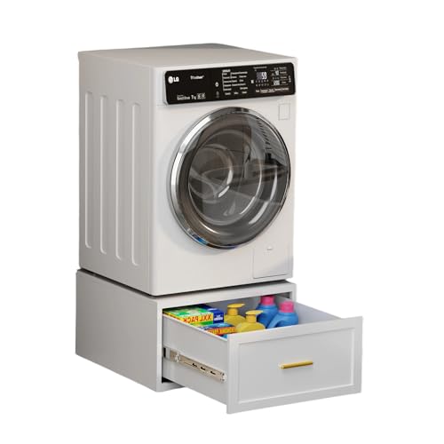 Washer Dryer Pedestals with Drawer, 440LBS Heavy Duty Anti-Vibration Washing Machine Stand, Multi-Functional Metal Freestanding Washer and Dryer Pedestals, Universal Laundry Pedestal (WHITE)