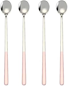 CLWXHS 9-Inch Long Handle Ice Cream Coffee Spoon for Iced Tea Cocktail Stirring Spoons Stainless Steel - Pink Silver (Pack of 4)