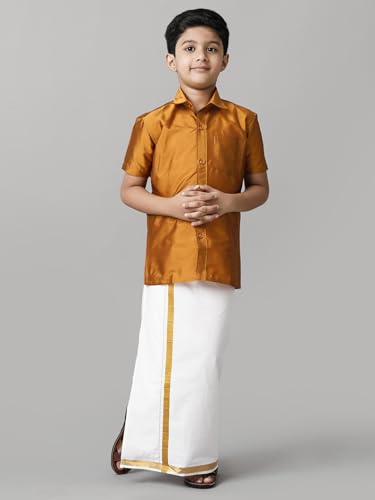 Image of RAMRAJ COTTON Boys Silk Cotton Shirt With Adjustable Cream Dhoti Perfect For Ceremonies| Festivals| And Special Occasions