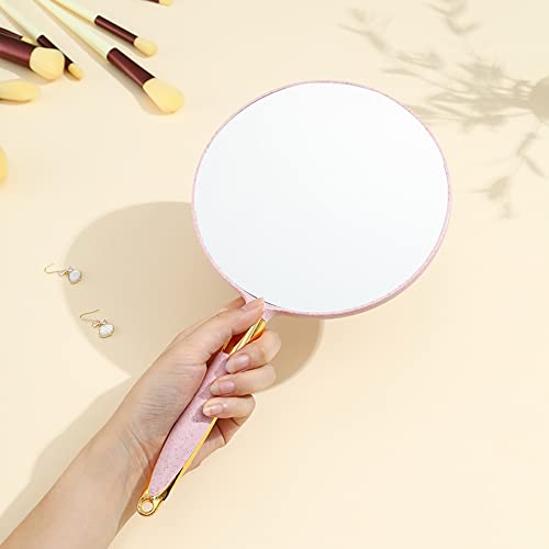 Ychmir Hand Mirror, Handheld Mirror With Handle，Barber Hairdressing Handheld Mirrorfor For Salon 6.9 X 13 Inch Pink-Round #TOP2