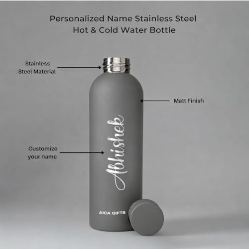 Image of AICA Personalized Name Stainless Steel Water Bottle -500ml-12Hrs Hot & 18Hrs Cold (Grey) |Customised Gift For Man Woman Girl Boy