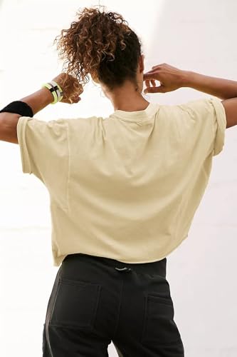 Image of HUGOOME Womens Oversized Workout Crop Top Casual Short Sleeve Boxy Roll Hem