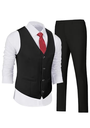 Wehilion Men's Suits 2 Pieces, Vest Pants Set for Men, V-Neck Slim Fit Casual Suit Waistcoat