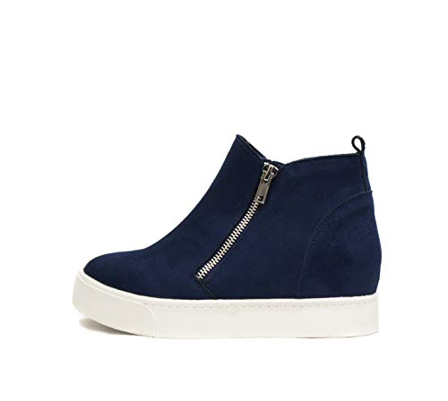 Soda Taylor Hidden Wedge Sole Booties Ankle Heels Sneaker Shoes Side Zipper (7.5, Navy Suede)