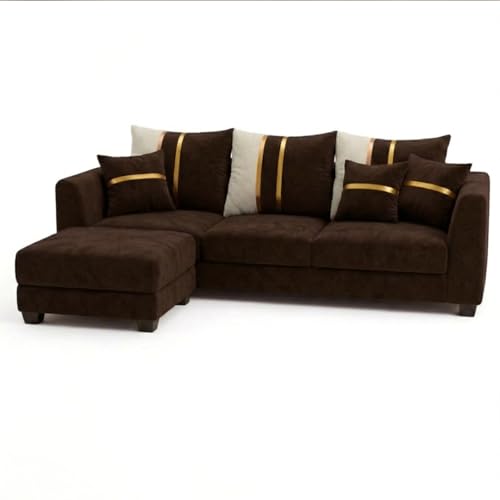 Image of Vero 4 Seater L Shape Sofa Set with Movable Ottoman | Flexible Left or Right Layout | Luxury Velvet Suede Fabric | Modern Living Room Sofa | Dark Brown