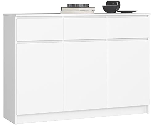 AKORD Kommode K 140 cm | 3 Schubladen und 3 Türen | für Wohnzimmer Schlafzimmer Schrank Arbeitszimmer | Modernes Funktionales Design | Schichtstoffplatte 16mm Farbe Weiß