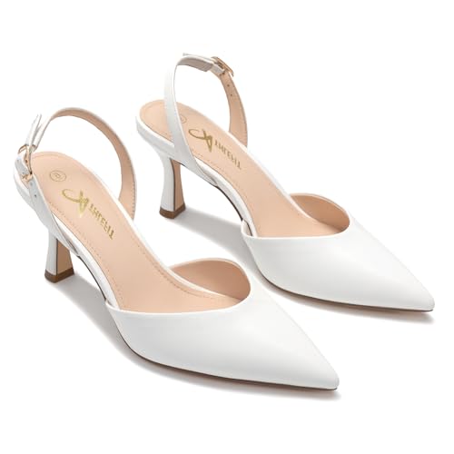 Athlefit Closed Pointed Toe Kitten Heels for Women Dress Work Wedding Party Slingback Stiletto Pumps Shoes White, Size 9.5, SAPU2606W by Athlefit - Image 6