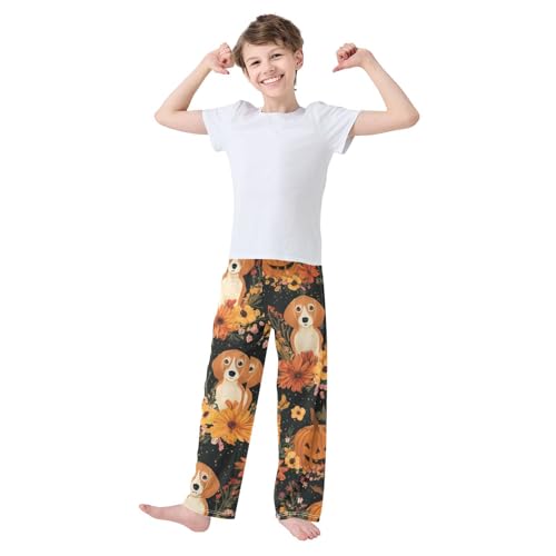 Beagle Pumpkin Flower Boys Long Pants Soft Trousers Elastic Waist Kids Lounge Bottoms with Pockets S-XL3