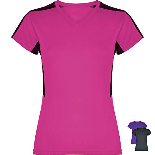 GO HEAVY Damen Funktions Fitness Lauf T-Shirt Kurzarm Yoga Gym Sportshirt V-Ausschnitt Feutigkeitsabsobierend Fuchsia/Schwarz XL