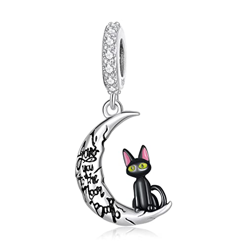 Pendentif lune et chat noir en argent 925 véritable pour femme