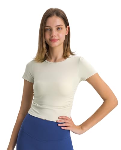 Camisetas esportivas femininas de compressão de manga curta para ioga e gola redonda, Branco, P