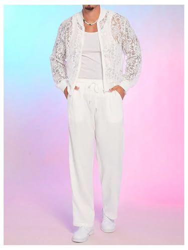 Image of WDIRARA Men's Floral Lace Bomber Jackets Long Sleeve See Through Outerwear | Zip Up Coats, Sexy, Sheer, Party, Concert Outfit