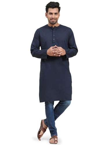 Image of Amazon Brand - Anarva Men's Cotton Solid Round Neck Kurta Long Sleeves Straight Knee Length Casual Shirt