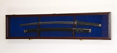 sfDisplay.com,LLC. Single Sword & Scabbard Display Case Cabinet Wall Rack Custom Colors - Lockable (Cherry Finish w/LED, Blue Felt Background)