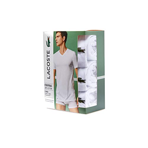 Lacoste Men's Essentials 3 Pack 100% Cotton Regular Fit V-Neck T-Shirts, White, L #TOP1