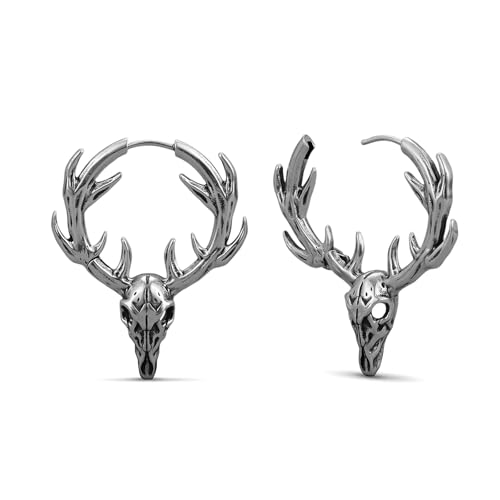 PUNKYOUTH Gothic Stag Skull Earrings 18G Antler Deer Drop Hoop Earrings for Women Men Christmas Punk Style Alternative Earring Jewelry with 925 Silver Post