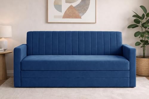 Image of Sofa-Cum-Bed | Three-Seater Sofa Bed Couch with Armrest | Modern Fabric Sofa for Living Room, Bedroom & Office-Blue-Color
