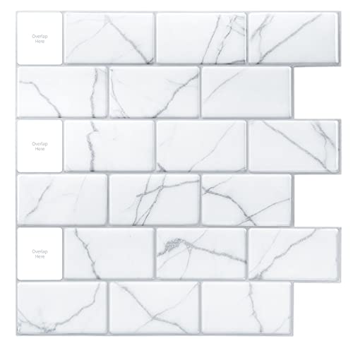 Art3Dwallpanels 10-Sheet White Marble Design Peel And Stick Backsplash, 12"X12" Stick On Backsplash Tile For Kitchen Peel And Stick, Waterproof Pvc Wall Tiles #TOP18