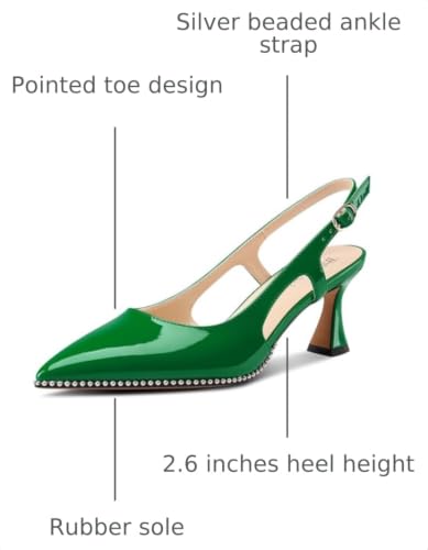 Image of TNYNFBEB Womens Kitten Heel Pointed Toe Pumps Sliver Beaded Slingback Slip-on Buckle Prom Dress Basic Classic Patent Leather Summer 2.6 Inches Heels