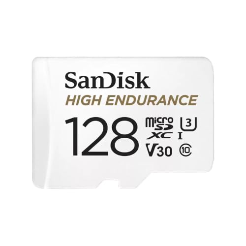 SanDisk 128 Go High Endurance carte microSDXC pour les caméras IP et les caméras embarquées + adaptateur SD jusqu'à 10 000 heures de vidéo Full HD / 4K jusqu'à 100 Mo/s UHS-I Class 10 U3 V30