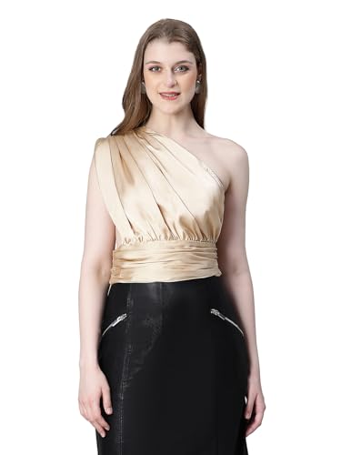 Image of oxolloxo Women Solid Elasticated One-Off Shoulder Satin Crop Top