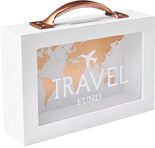 Shadow Money Box for Saving Travel Fund - Decorative Money Box - Wooden Piggy Bank - White Saving Box for Coins with Handle - Coin Bank Money Bank - Travel Fund Box for Adults - Money Saver 7x5x2 inch