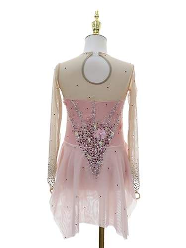 Vestido de patinação no gelo rosa halo tingimento elastano feito à mão cristais manga longa patinaçã