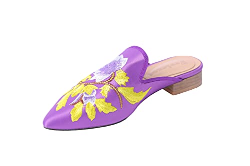 Image of Fericzot Women's Velvet Backless Pointed Toe Slip On Loafers Flats Embroidery Mule Slippers Shoes