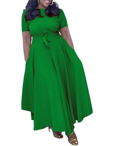 Image of Hostoyo Women Plus Size Formal A Line Maxi Dress Self Tie Waist with Pockets Elegant Round Neck Swing Long Dresses