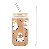 BelleFlair Halloween Trinkbecher Glas Mit Deckel Und Strohhalm, Süßes Halloween Geist Leser Becher Geschenk Für Buchliebhaber, Cute Sachen Clean Girl Aesthetic Iced Coffee Cup Für Frauen.