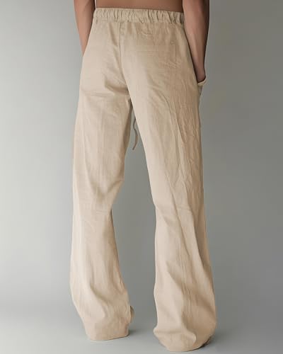 BUXKR Men's Linen Pants Beach Casual Cotton Summer Lightweight Elastic Waist Drawstring with Deep Pockets3