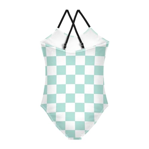 Image of Black and White Chess Girls One Piece Swimsuits Board Marble Tile Sport Halter Swimwear Beach Bathing Suit 3T