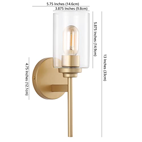 Image of JONATHAN Y 13 inch Brass Gold /Clear Industrial Farmhouse LED Wall Sconce, with Clear Glass Cylinder Shade, 1-Light Iron Vanity Light for Bathroom Mirror Hallway Bedroom (JYL9547B)